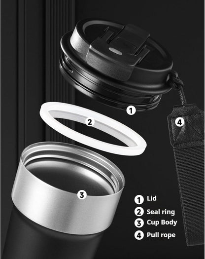 17oz Travel Coffee Mug with Straw, Vacuum Insulated Stainless Steel Tumbler with Carry Strap, Double Wall Reusable Cup for Car and Commuting - 510ml (Dark Coffee)