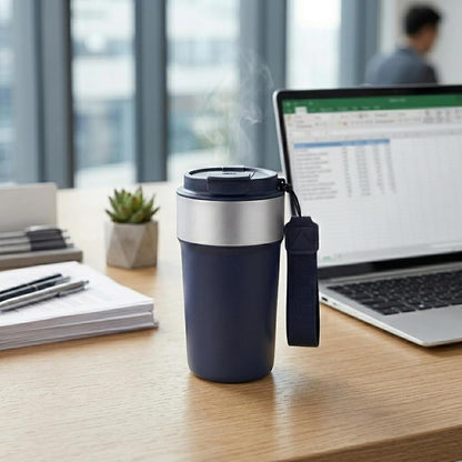 17oz Travel Coffee Mug with Straw, Vacuum Insulated Stainless Steel Tumbler with Carry Strap, Double Wall Reusable Cup for Car and Commuting - 510ml (Dark Coffee)