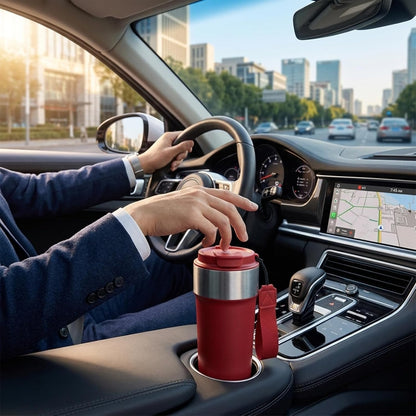 17oz Travel Coffee Mug with Straw, Vacuum Insulated Stainless Steel Tumbler with Carry Strap, Double Wall Reusable Cup for Car and Commuting - 510ml (Dark Coffee)