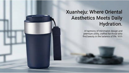 17oz Travel Coffee Mug with Straw, Vacuum Insulated Stainless Steel Tumbler with Carry Strap, Double Wall Reusable Cup for Car and Commuting - 510ml (Dark Coffee)