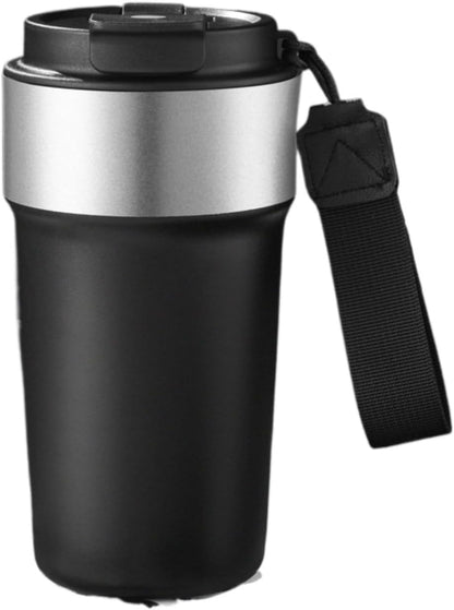 17oz Travel Coffee Mug with Straw, Vacuum Insulated Stainless Steel Tumbler with Carry Strap, Double Wall Reusable Cup for Car and Commuting - 510ml (Dark Coffee)