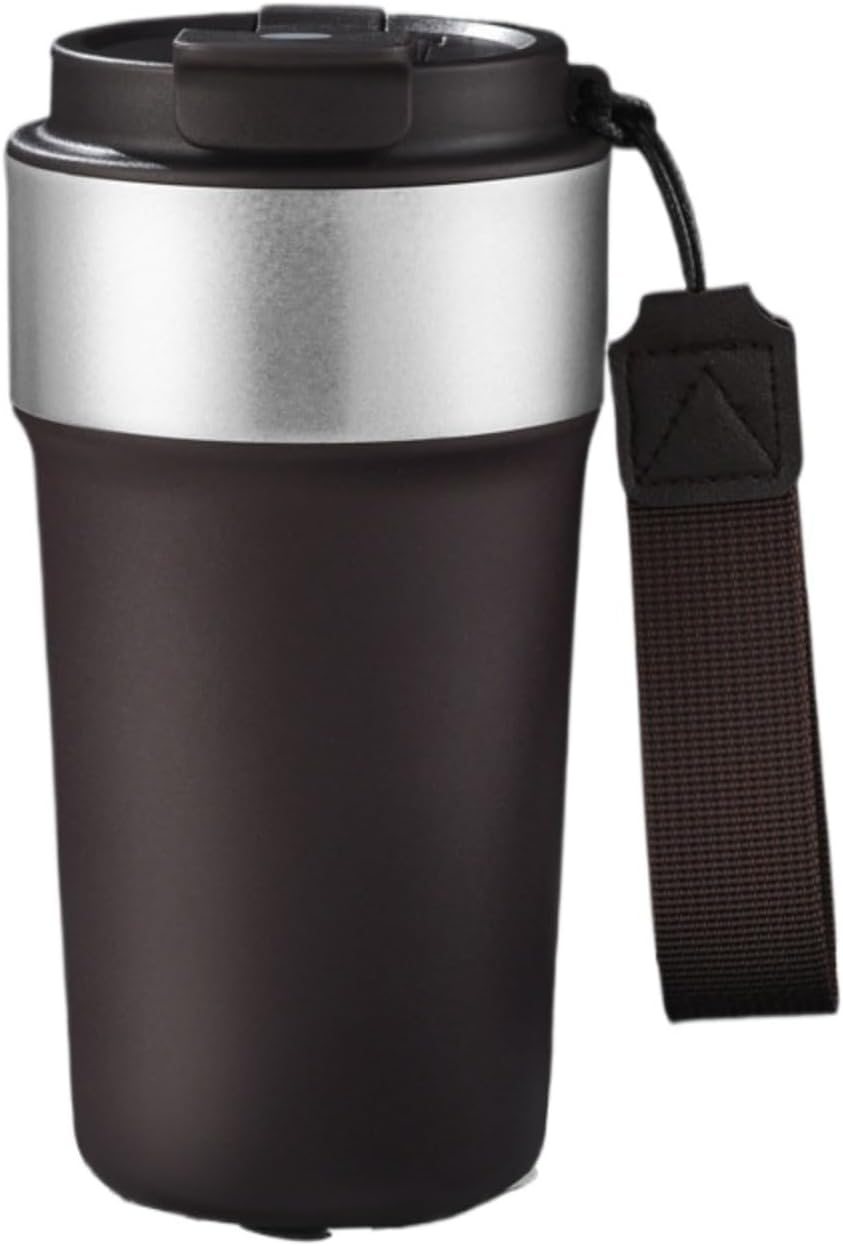17oz Travel Coffee Mug with Straw, Vacuum Insulated Stainless Steel Tumbler with Carry Strap, Double Wall Reusable Cup for Car and Commuting - 510ml (Dark Coffee)