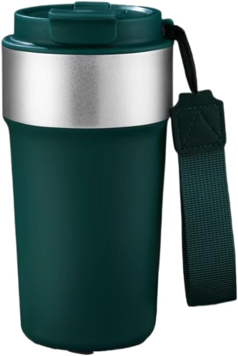 17oz Travel Coffee Mug with Straw, Vacuum Insulated Stainless Steel Tumbler with Carry Strap, Double Wall Reusable Cup for Car and Commuting - 510ml (Dark Coffee)