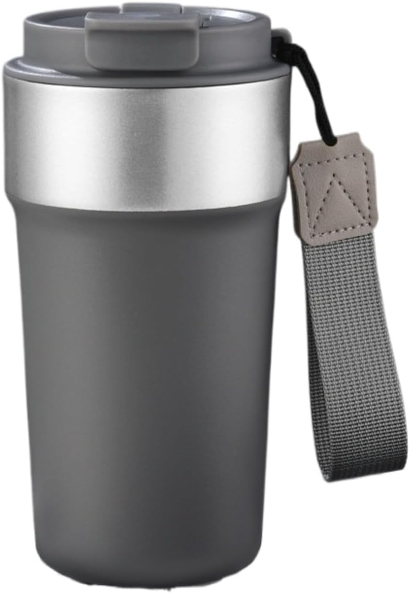 17oz Travel Coffee Mug with Straw, Vacuum Insulated Stainless Steel Tumbler with Carry Strap, Double Wall Reusable Cup for Car and Commuting - 510ml (Dark Coffee)