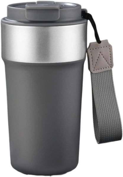 17oz Travel Coffee Mug with Straw, Vacuum Insulated Stainless Steel Tumbler with Carry Strap, Double Wall Reusable Cup for Car and Commuting - 510ml (Dark Coffee)