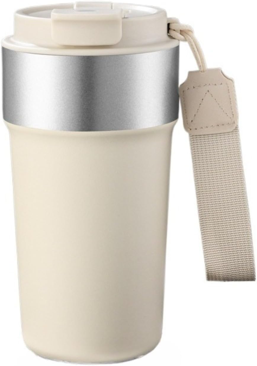 17oz Travel Coffee Mug with Straw, Vacuum Insulated Stainless Steel Tumbler with Carry Strap, Double Wall Reusable Cup for Car and Commuting - 510ml (Dark Coffee)