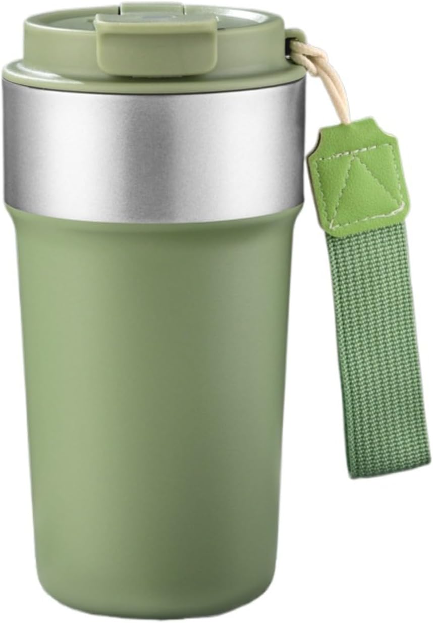 17oz Travel Coffee Mug with Straw, Vacuum Insulated Stainless Steel Tumbler with Carry Strap, Double Wall Reusable Cup for Car and Commuting - 510ml (Dark Coffee)
