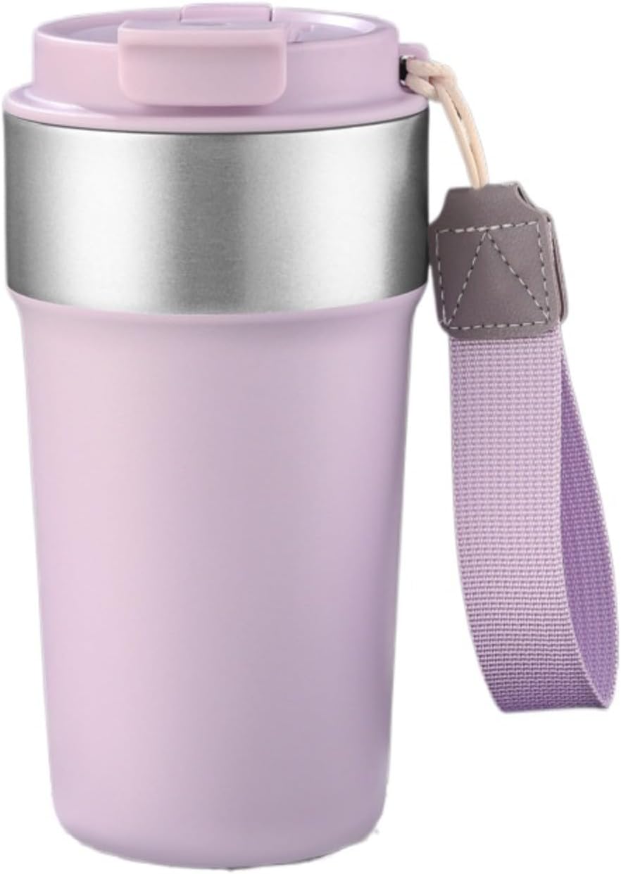 17oz Travel Coffee Mug with Straw, Vacuum Insulated Stainless Steel Tumbler with Carry Strap, Double Wall Reusable Cup for Car and Commuting - 510ml (Dark Coffee)