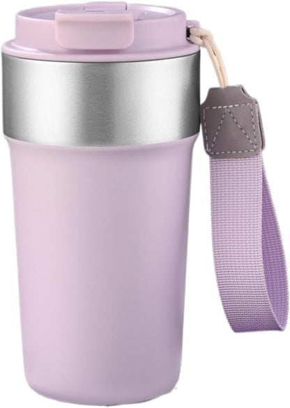 17oz Travel Coffee Mug with Straw, Vacuum Insulated Stainless Steel Tumbler with Carry Strap, Double Wall Reusable Cup for Car and Commuting - 510ml (Dark Coffee)