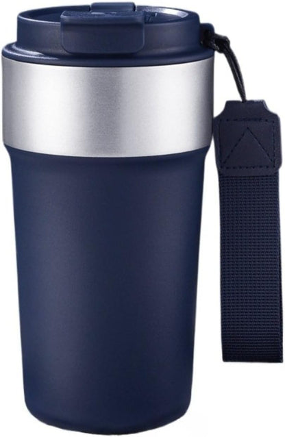 17oz Travel Coffee Mug with Straw, Vacuum Insulated Stainless Steel Tumbler with Carry Strap, Double Wall Reusable Cup for Car and Commuting - 510ml (Dark Coffee)