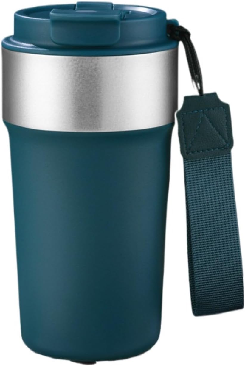 17oz Travel Coffee Mug with Straw, Vacuum Insulated Stainless Steel Tumbler with Carry Strap, Double Wall Reusable Cup for Car and Commuting - 510ml (Dark Coffee)