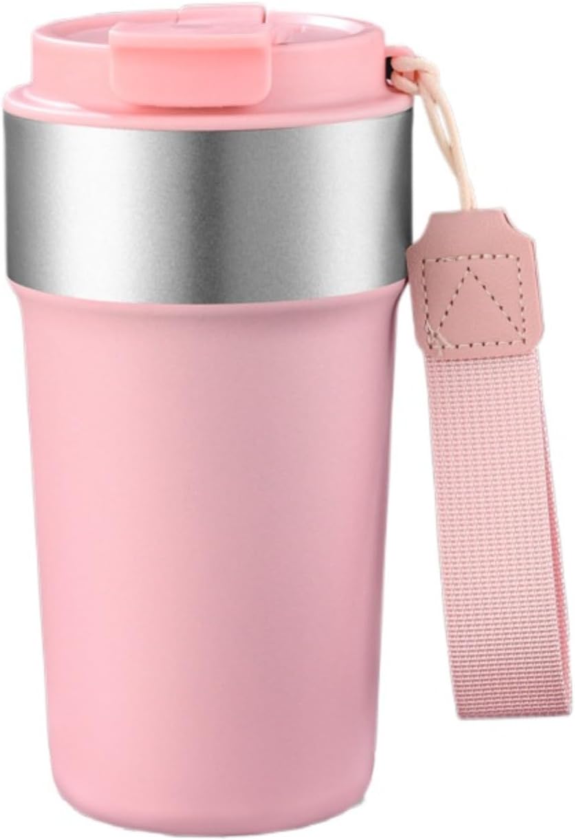 17oz Travel Coffee Mug with Straw, Vacuum Insulated Stainless Steel Tumbler with Carry Strap, Double Wall Reusable Cup for Car and Commuting - 510ml (Dark Coffee)