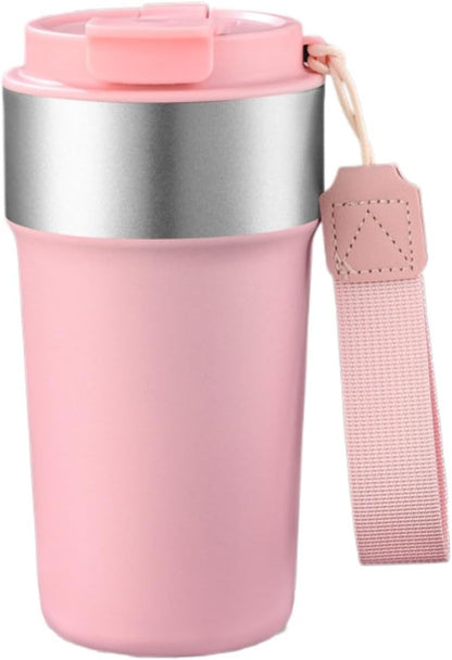17oz Travel Coffee Mug with Straw, Vacuum Insulated Stainless Steel Tumbler with Carry Strap, Double Wall Reusable Cup for Car and Commuting - 510ml (Dark Coffee)