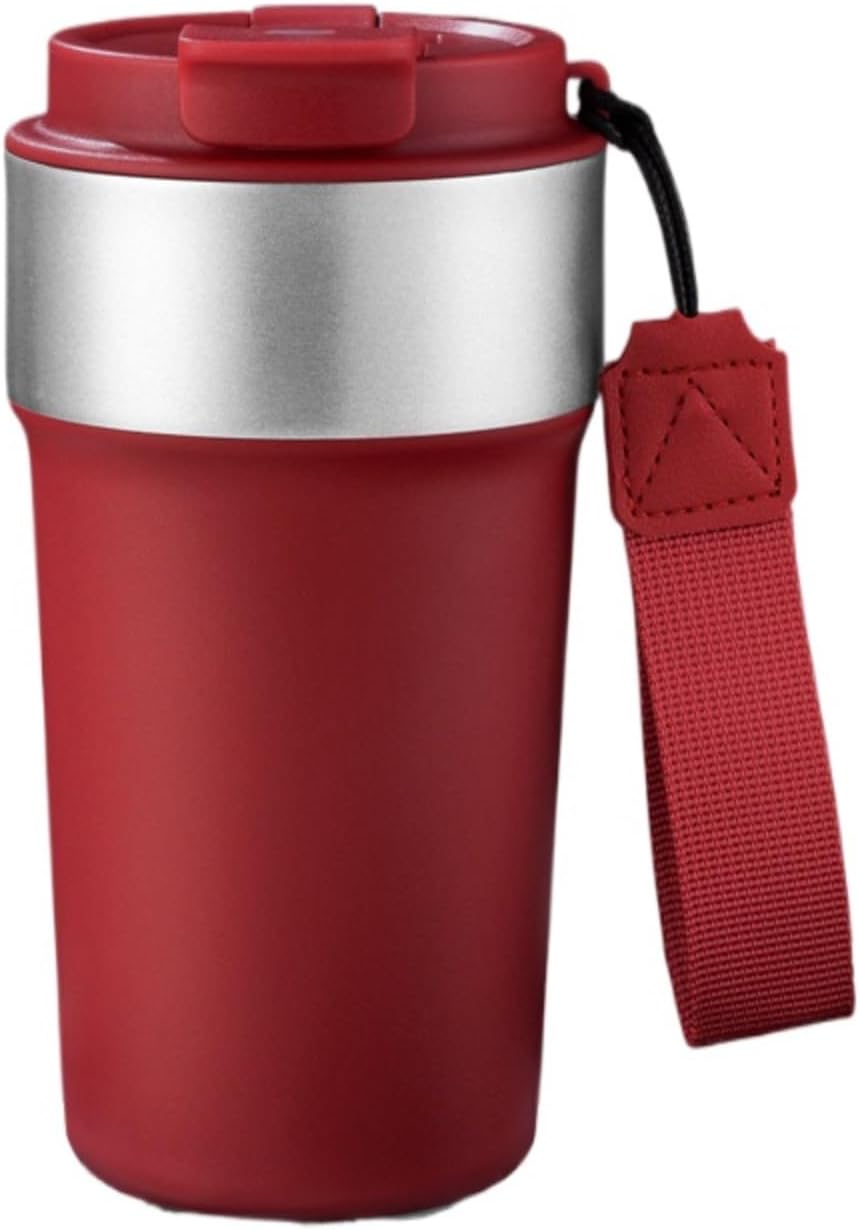 17oz Travel Coffee Mug with Straw, Vacuum Insulated Stainless Steel Tumbler with Carry Strap, Double Wall Reusable Cup for Car and Commuting - 510ml (Dark Coffee)