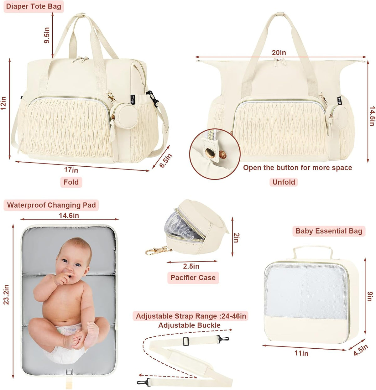 Diaper Tote Bag for Baby 6PCS, Large Mom Hospital Bags with Changing Pad