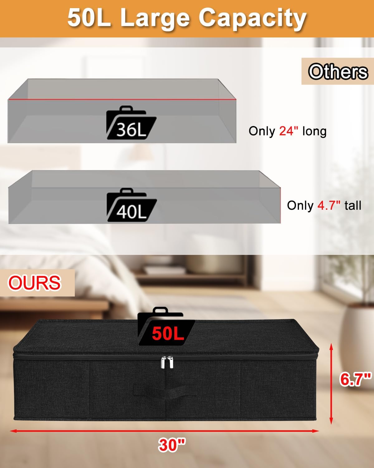 6 in Tall Under Bed Storage Containers with Lids, Grey