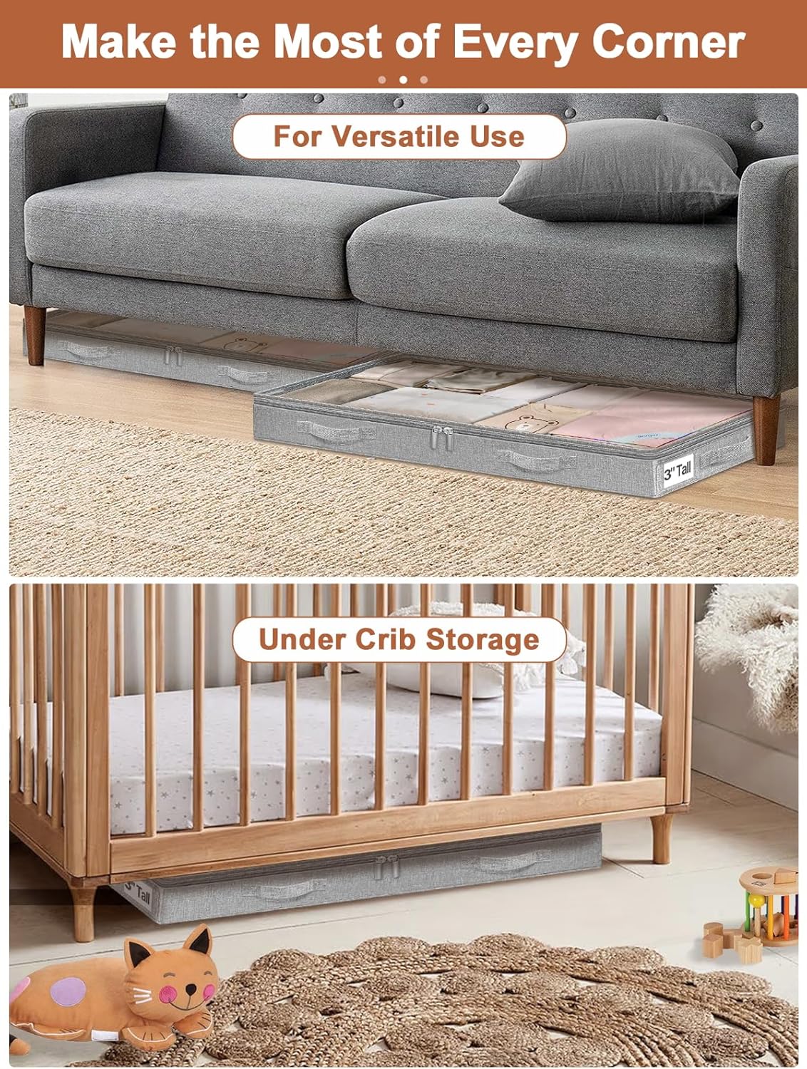6 in Tall Under Bed Storage Containers with Lids, Grey