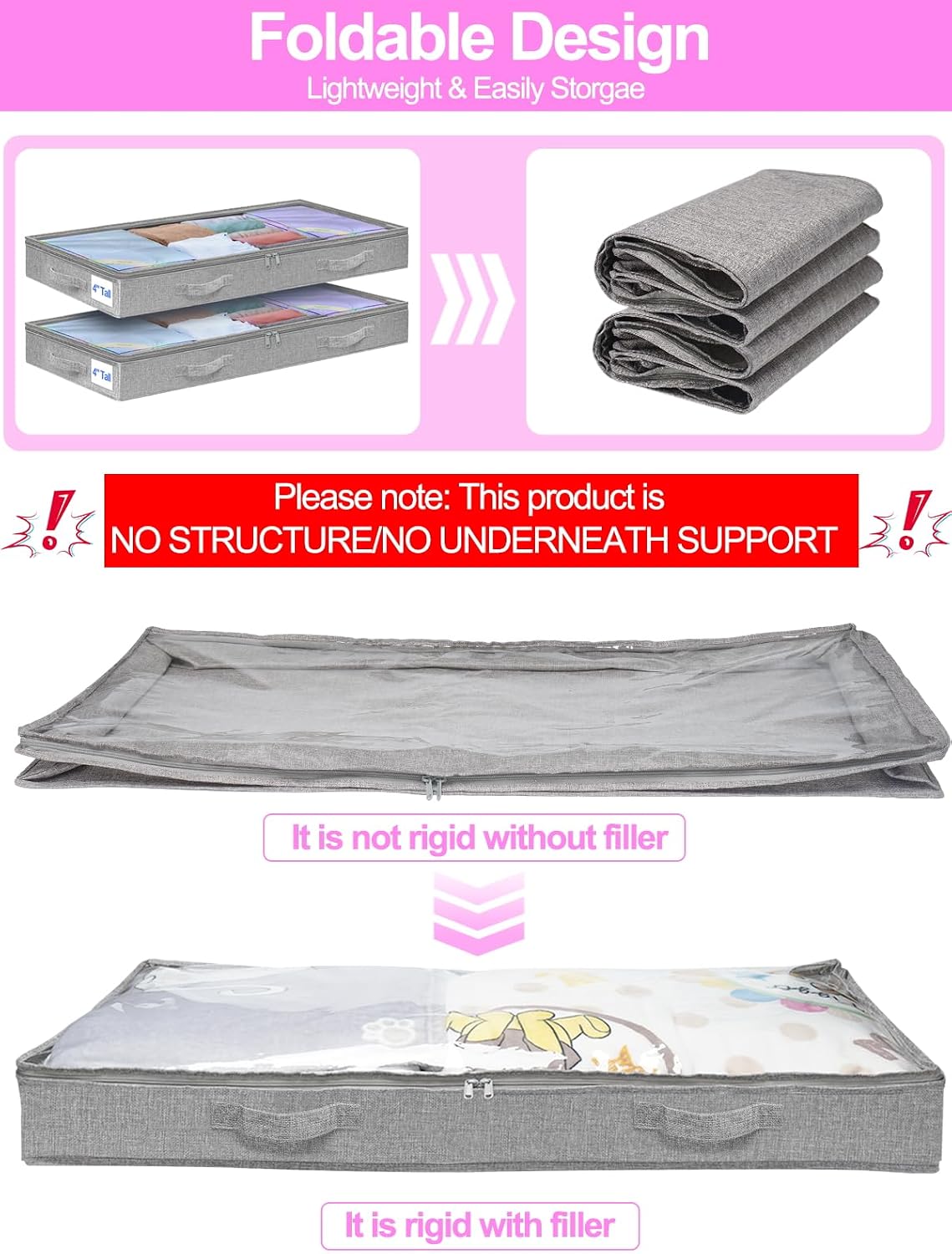 6 in Tall Under Bed Storage Containers with Lids, Grey