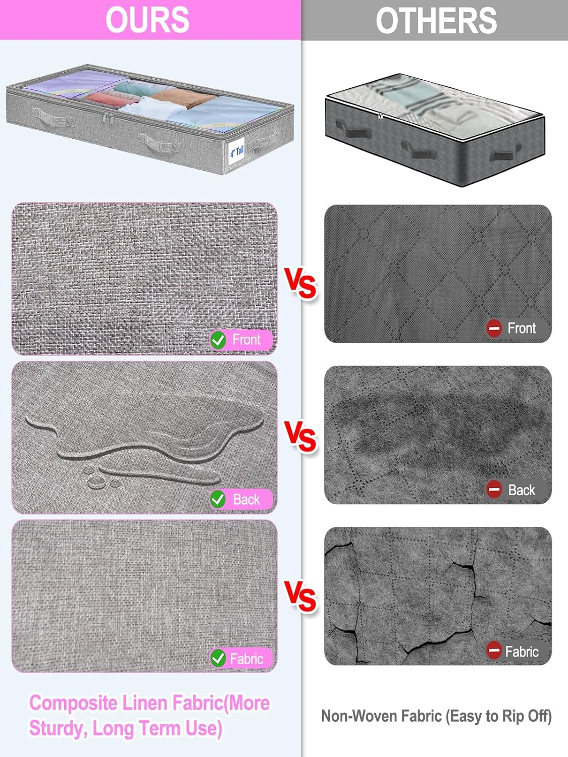 6 in Tall Under Bed Storage Containers with Lids, Grey