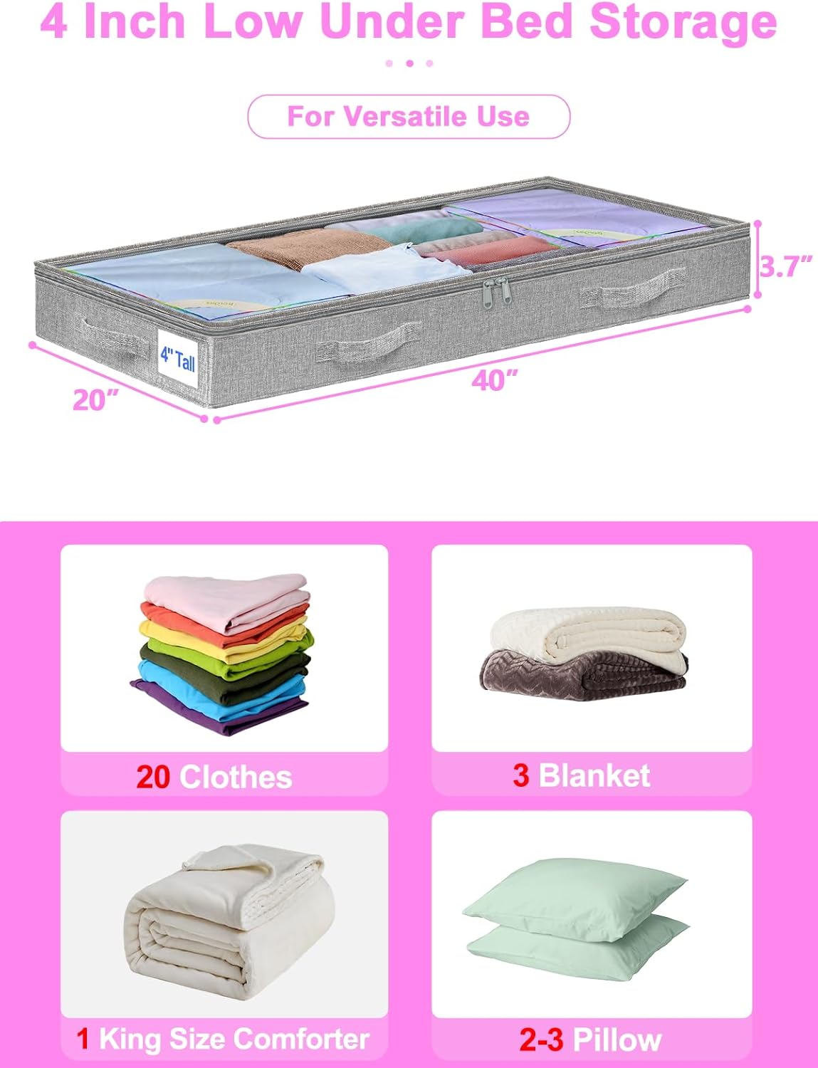 6 in Tall Under Bed Storage Containers with Lids, Grey