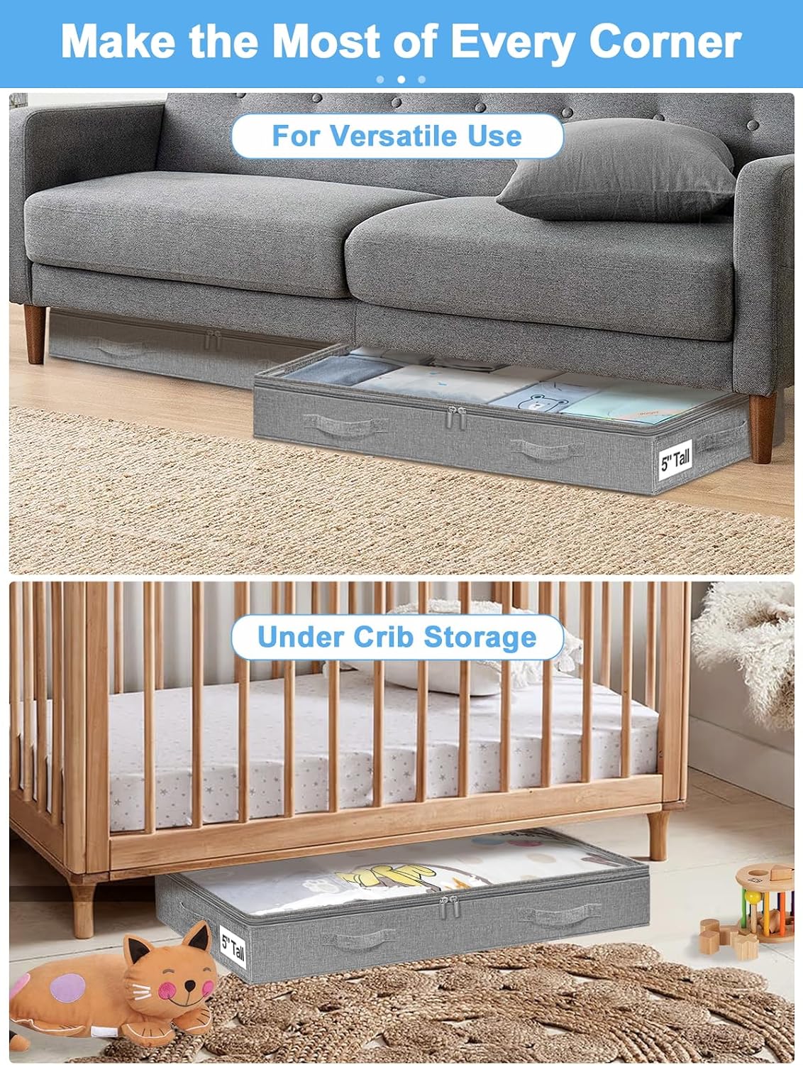 6 in Tall Under Bed Storage Containers with Lids, Grey
