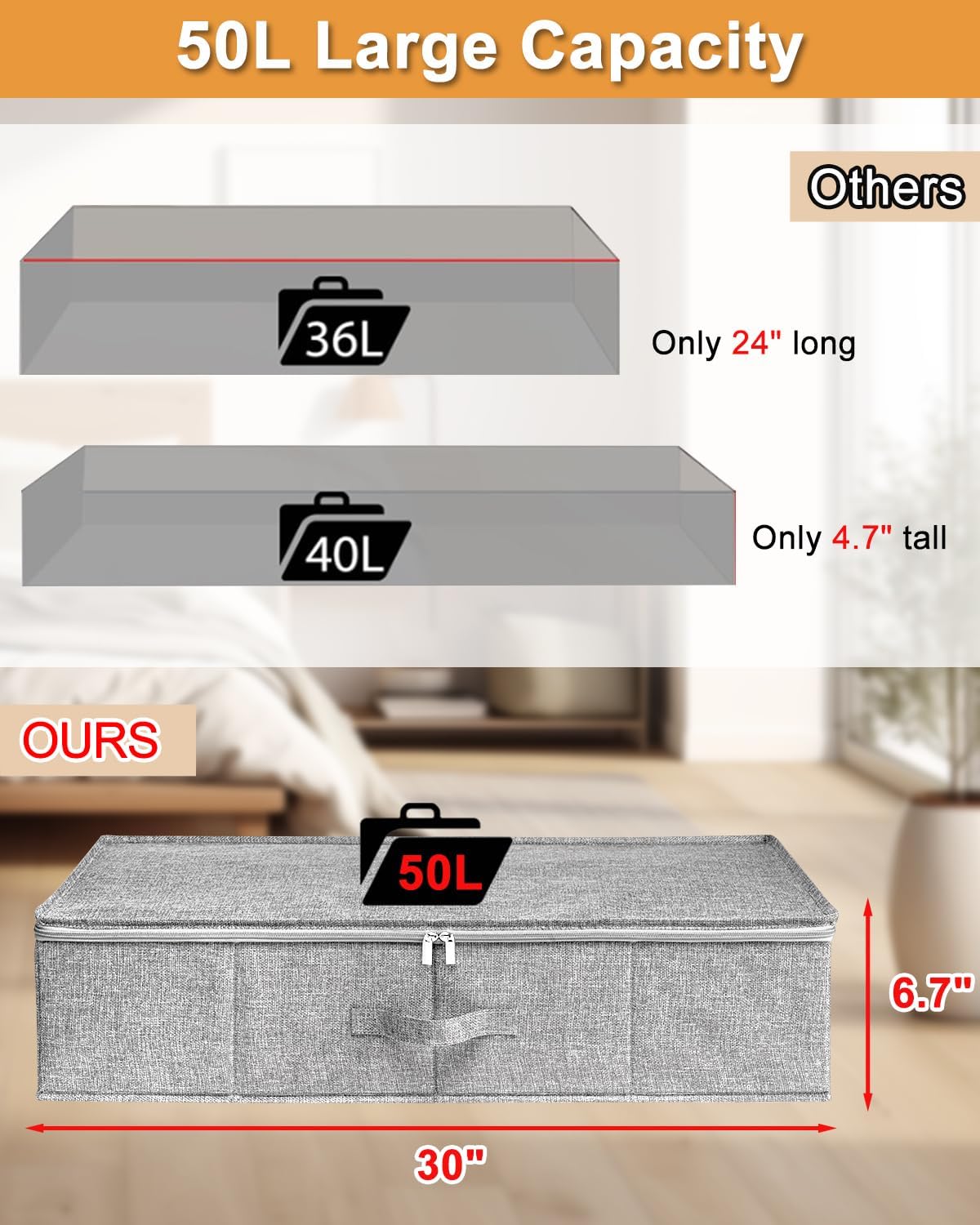 6 in Tall Under Bed Storage Containers with Lids, Grey