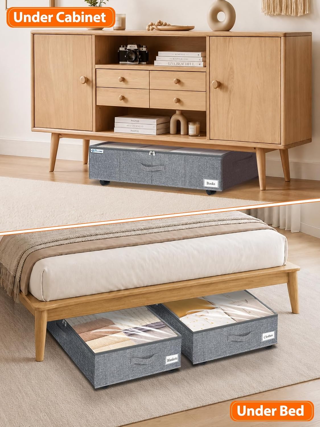 6 in Tall Under Bed Storage Containers with Lids, Grey