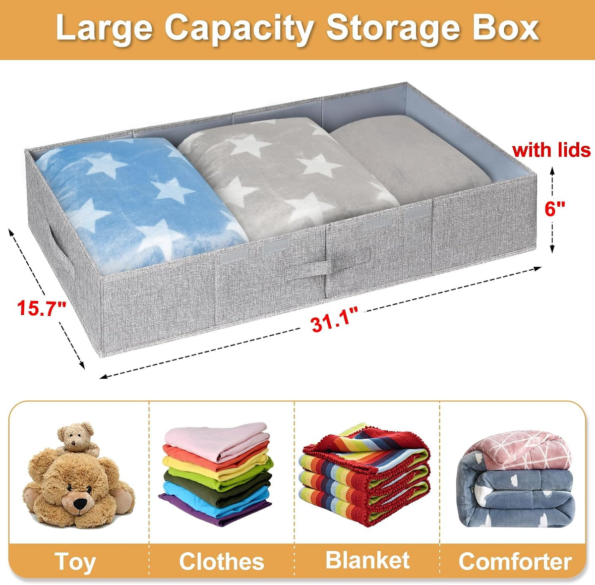 6 in Tall Under Bed Storage Containers with Lids, Grey