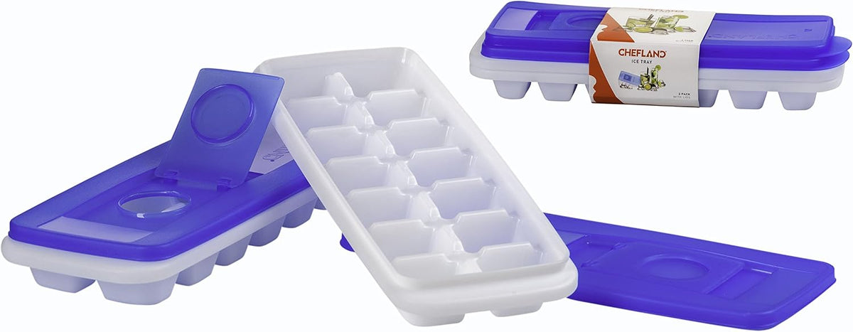 Ice Cube Trays With Lid - Set of 2 Ice Trays | Easy Release, Stackable, Compact, Odorless, BPA-Free Ice Molding Trays For Whiskey, Cold Drinks, Cocktails & Juices (Blue)