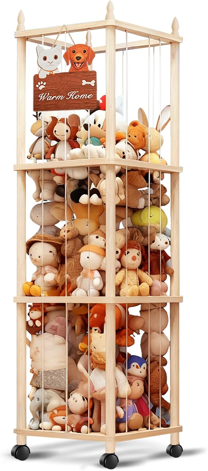 Large Stuffed Animal Storage with Cat & Dog Design, Wooden Stuffed Animal Zoo, Rolling Stuffed Animal Holder, Toy Storage Cage, Plushies Storage for Playroom Bedroom
