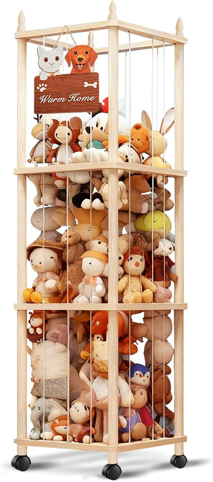 Large Stuffed Animal Storage with Cat & Dog Design, Wooden Stuffed Animal Zoo, Rolling Stuffed Animal Holder, Toy Storage Cage, Plushies Storage for Playroom Bedroom
