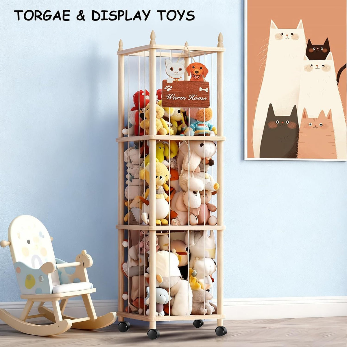 Large Stuffed Animal Storage with Cat & Dog Design, Wooden Stuffed Animal Zoo, Rolling Stuffed Animal Holder, Toy Storage Cage, Plushies Storage for Playroom Bedroom