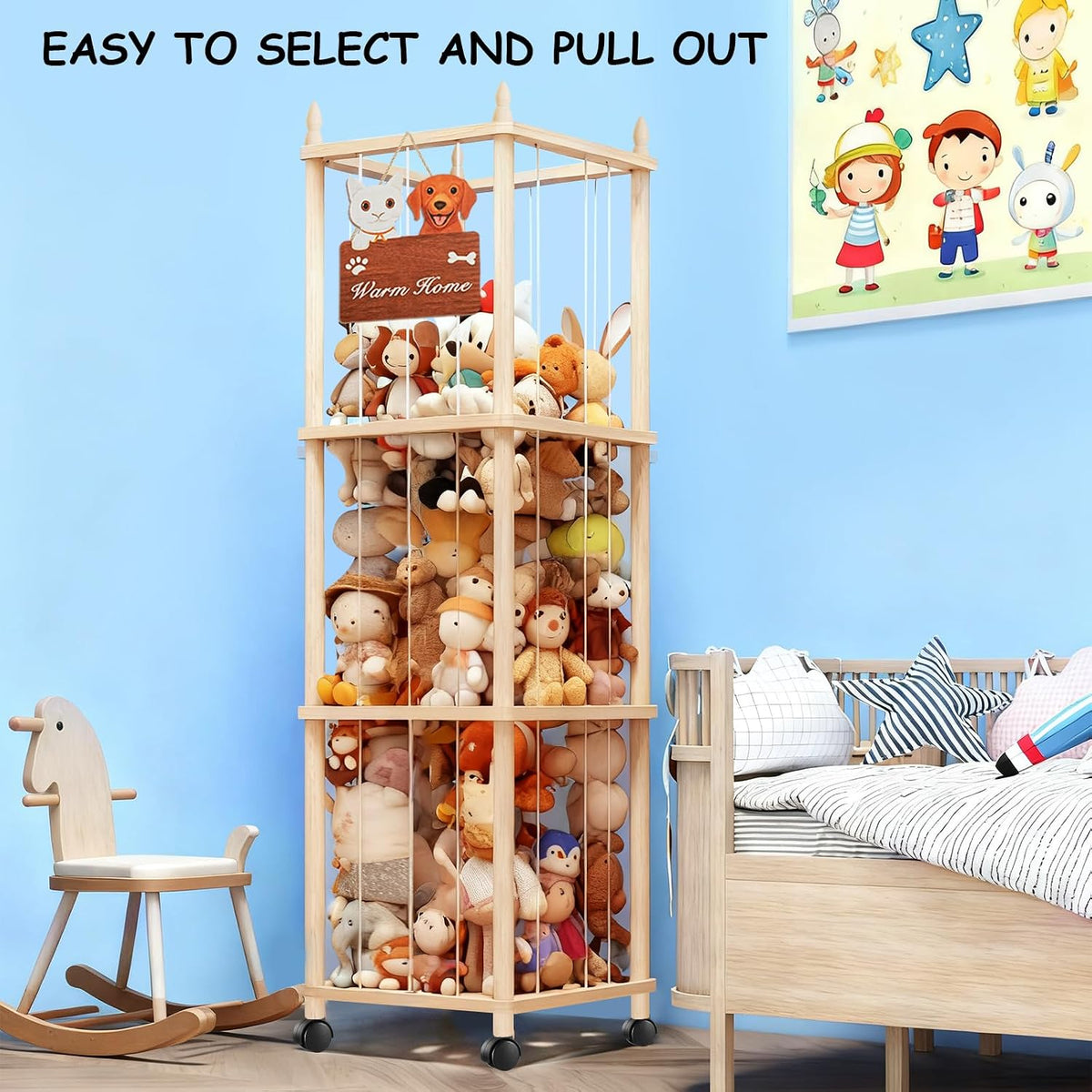 Large Stuffed Animal Storage with Cat & Dog Design, Wooden Stuffed Animal Zoo, Rolling Stuffed Animal Holder, Toy Storage Cage, Plushies Storage for Playroom Bedroom