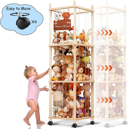 Large Stuffed Animal Storage with Cat & Dog Design, Wooden Stuffed Animal Zoo, Rolling Stuffed Animal Holder, Toy Storage Cage, Plushies Storage for Playroom Bedroom