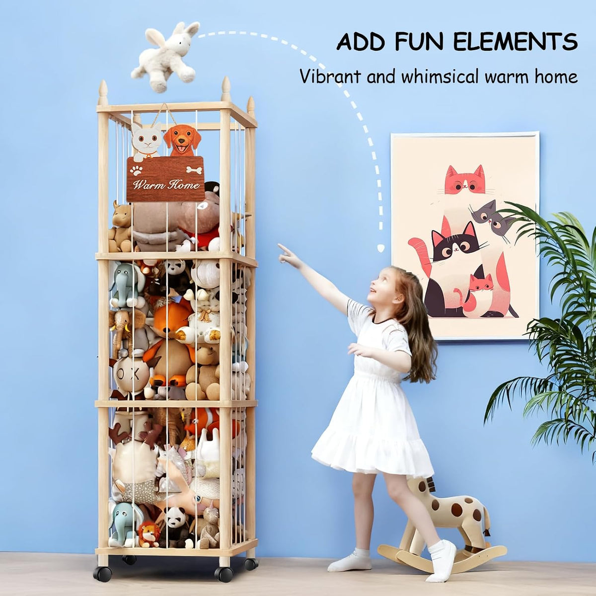Large Stuffed Animal Storage with Cat & Dog Design, Wooden Stuffed Animal Zoo, Rolling Stuffed Animal Holder, Toy Storage Cage, Plushies Storage for Playroom Bedroom