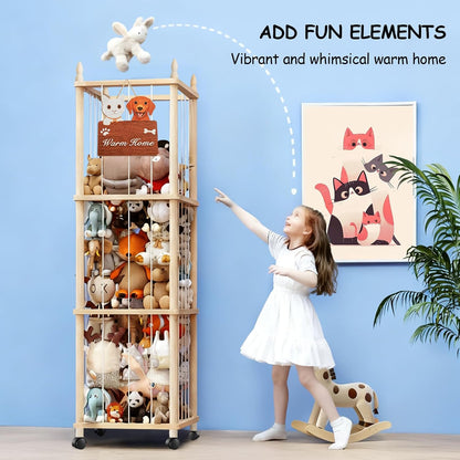 Large Stuffed Animal Storage with Cat & Dog Design, Wooden Stuffed Animal Zoo, Rolling Stuffed Animal Holder, Toy Storage Cage, Plushies Storage for Playroom Bedroom