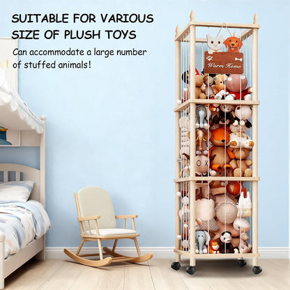 Large Stuffed Animal Storage with Cat & Dog Design, Wooden Stuffed Animal Zoo, Rolling Stuffed Animal Holder, Toy Storage Cage, Plushies Storage for Playroom Bedroom
