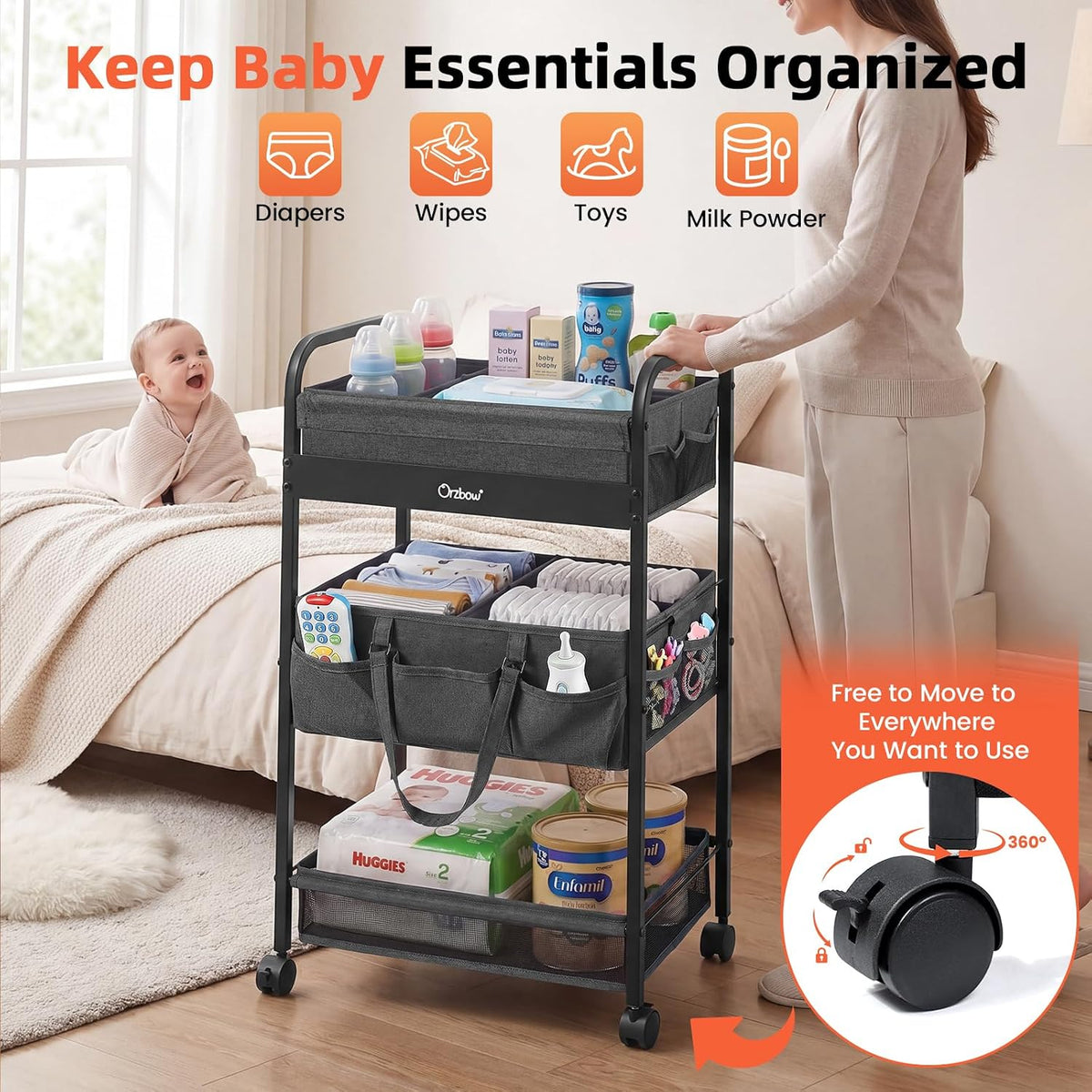 Orzbow Diaper Caddy cart, 3 Tier Baby Rolling Storage Cart