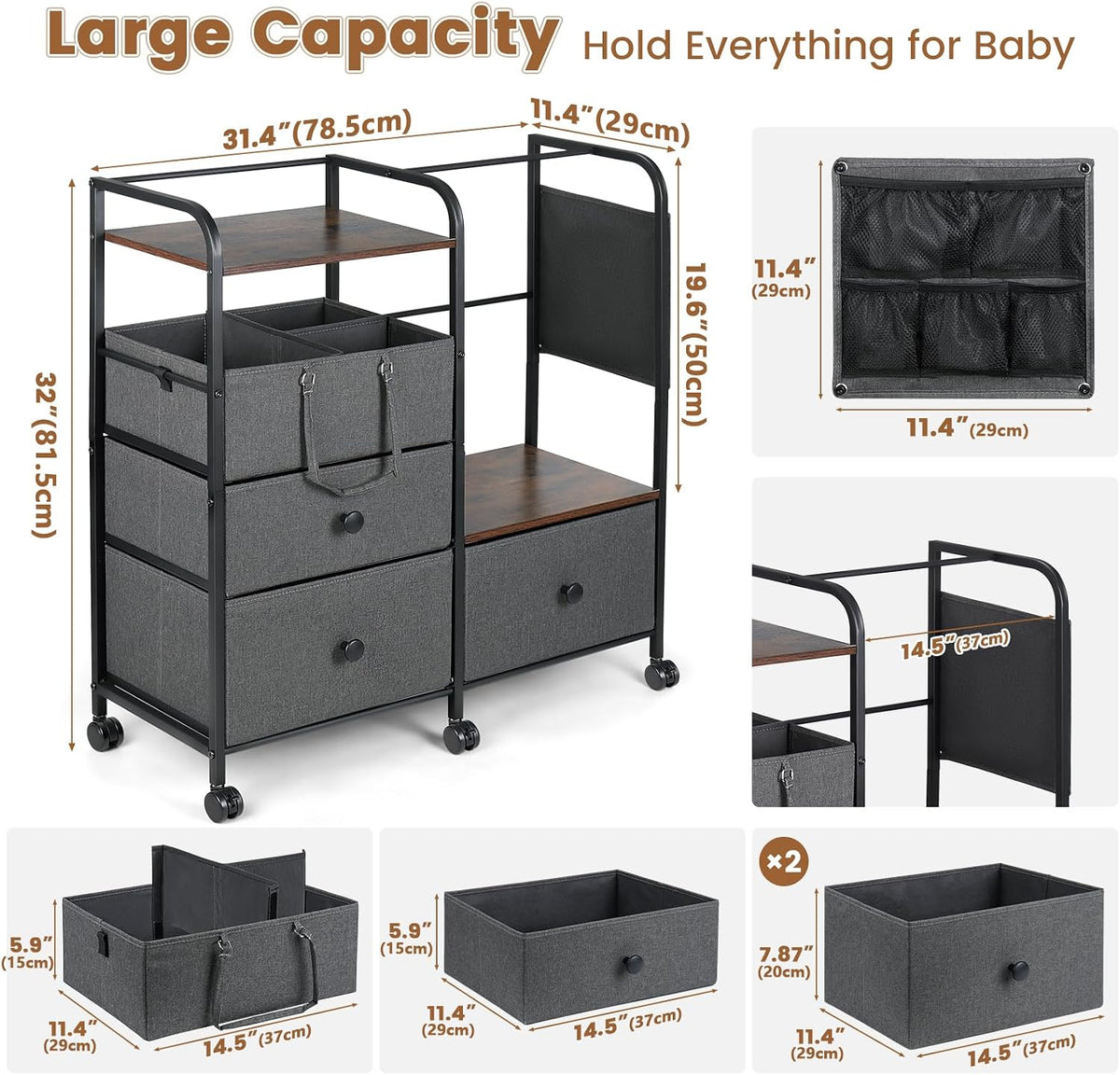 Orzbow Diaper Caddy cart, 3 Tier Baby Rolling Storage Cart