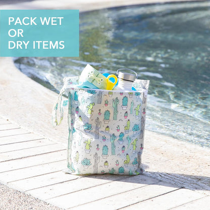 Larger Waterproof Wet Bag - For Baby, Travel, Swim Suit, Cloth Diapers, Pump Parts, Pool, Gym, Toiletry, Strap to Stroller - Reusable & Easy to Clean - 2pk - Beige & Pink Check