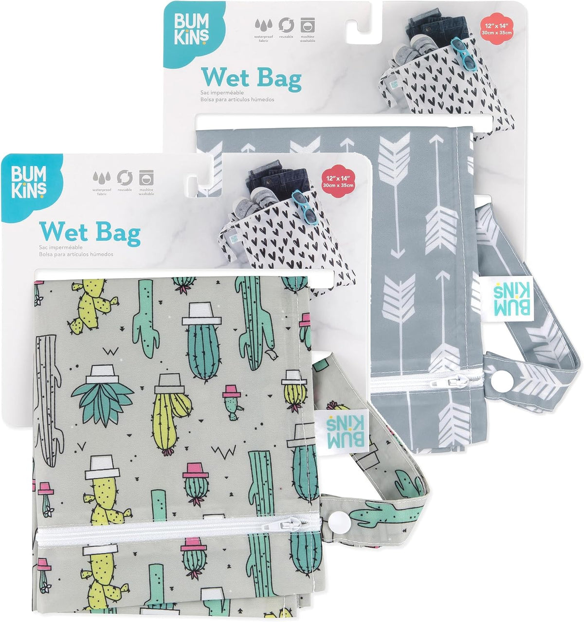 Larger Waterproof Wet Bag - For Baby, Travel, Swim Suit, Cloth Diapers, Pump Parts, Pool, Gym, Toiletry, Strap to Stroller - Reusable & Easy to Clean - 2pk - Beige & Pink Check