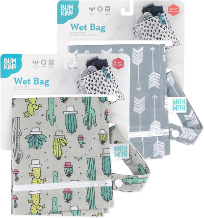 Larger Waterproof Wet Bag - For Baby, Travel, Swim Suit, Cloth Diapers, Pump Parts, Pool, Gym, Toiletry, Strap to Stroller - Reusable & Easy to Clean - 2pk - Beige & Pink Check