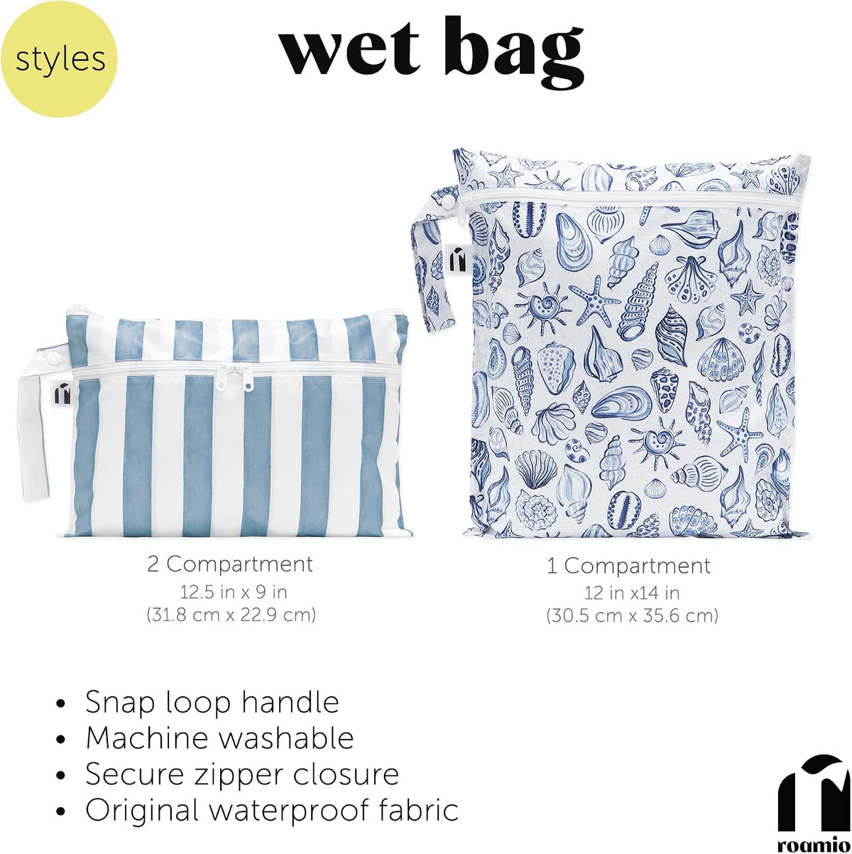 Larger Waterproof Wet Bag - For Baby, Travel, Swim Suit, Cloth Diapers, Pump Parts, Pool, Gym, Toiletry, Strap to Stroller - Reusable & Easy to Clean - 2pk - Beige & Pink Check