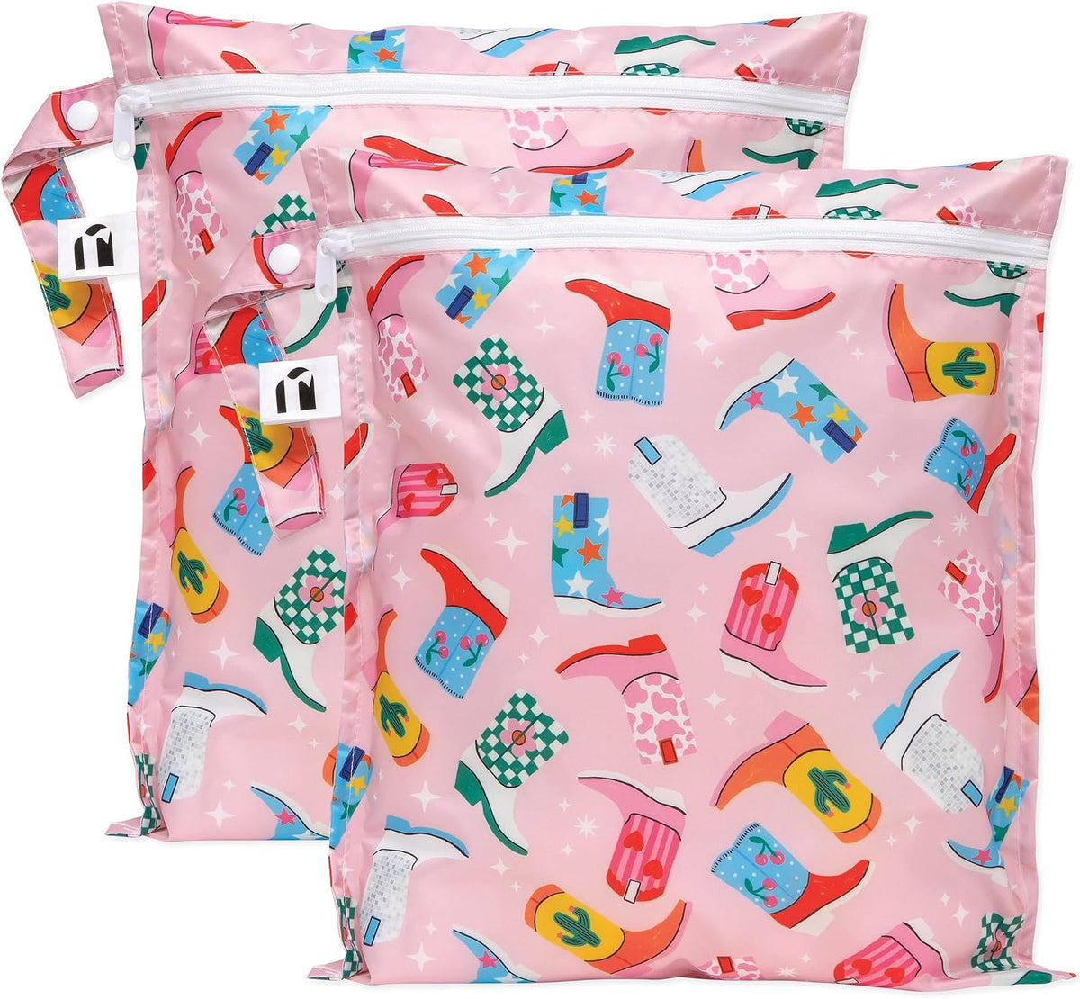 Larger Waterproof Wet Bag - For Baby, Travel, Swim Suit, Cloth Diapers, Pump Parts, Pool, Gym, Toiletry, Strap to Stroller - Reusable & Easy to Clean - 2pk - Beige & Pink Check