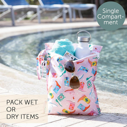Larger Waterproof Wet Bag - For Baby, Travel, Swim Suit, Cloth Diapers, Pump Parts, Pool, Gym, Toiletry, Strap to Stroller - Reusable & Easy to Clean - 2pk - Beige & Pink Check