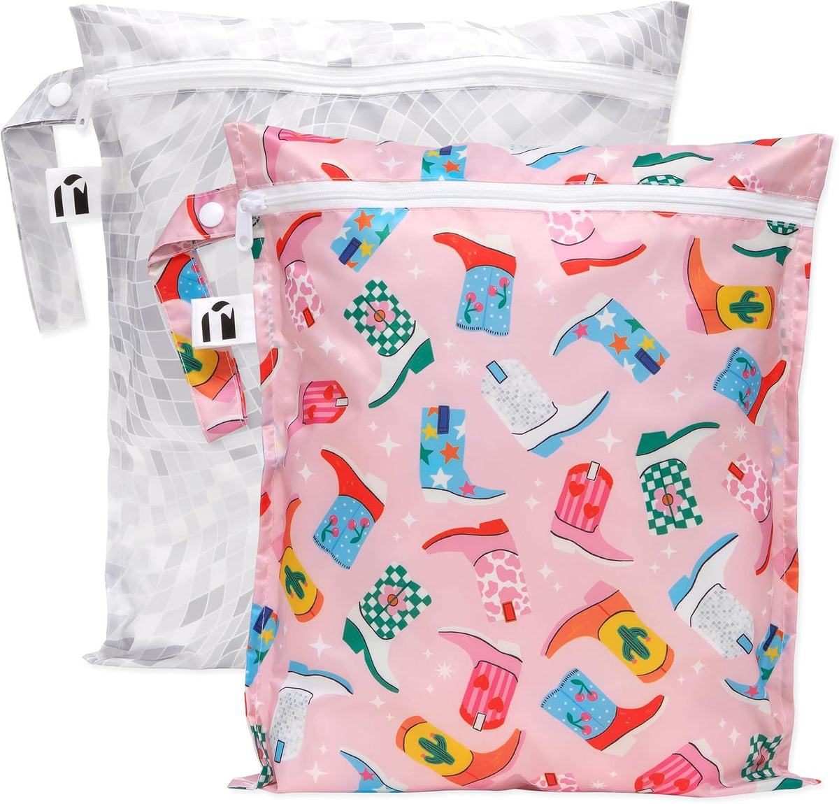 Larger Waterproof Wet Bag - For Baby, Travel, Swim Suit, Cloth Diapers, Pump Parts, Pool, Gym, Toiletry, Strap to Stroller - Reusable & Easy to Clean - 2pk - Beige & Pink Check
