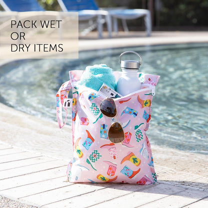 Larger Waterproof Wet Bag - For Baby, Travel, Swim Suit, Cloth Diapers, Pump Parts, Pool, Gym, Toiletry, Strap to Stroller - Reusable & Easy to Clean - 2pk - Beige & Pink Check
