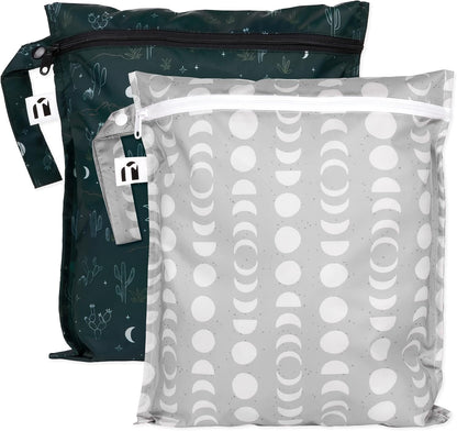 Larger Waterproof Wet Bag - For Baby, Travel, Swim Suit, Cloth Diapers, Pump Parts, Pool, Gym, Toiletry, Strap to Stroller - Reusable & Easy to Clean - 2pk - Beige & Pink Check