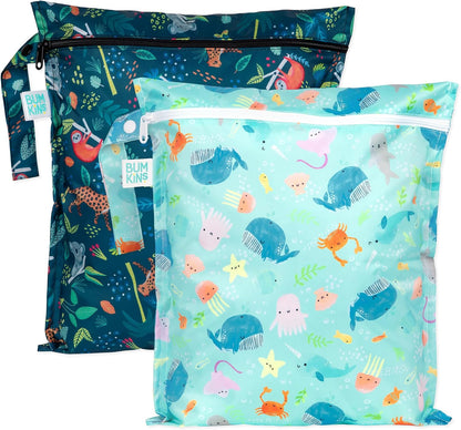 Larger Waterproof Wet Bag - For Baby, Travel, Swim Suit, Cloth Diapers, Pump Parts, Pool, Gym, Toiletry, Strap to Stroller - Reusable & Easy to Clean - 2pk - Beige & Pink Check