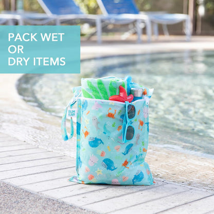 Larger Waterproof Wet Bag - For Baby, Travel, Swim Suit, Cloth Diapers, Pump Parts, Pool, Gym, Toiletry, Strap to Stroller - Reusable & Easy to Clean - 2pk - Beige & Pink Check